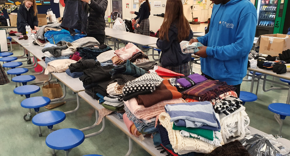 Students from Terenure Presentation College sort through donations for the Dublin Simon rough sleepers.